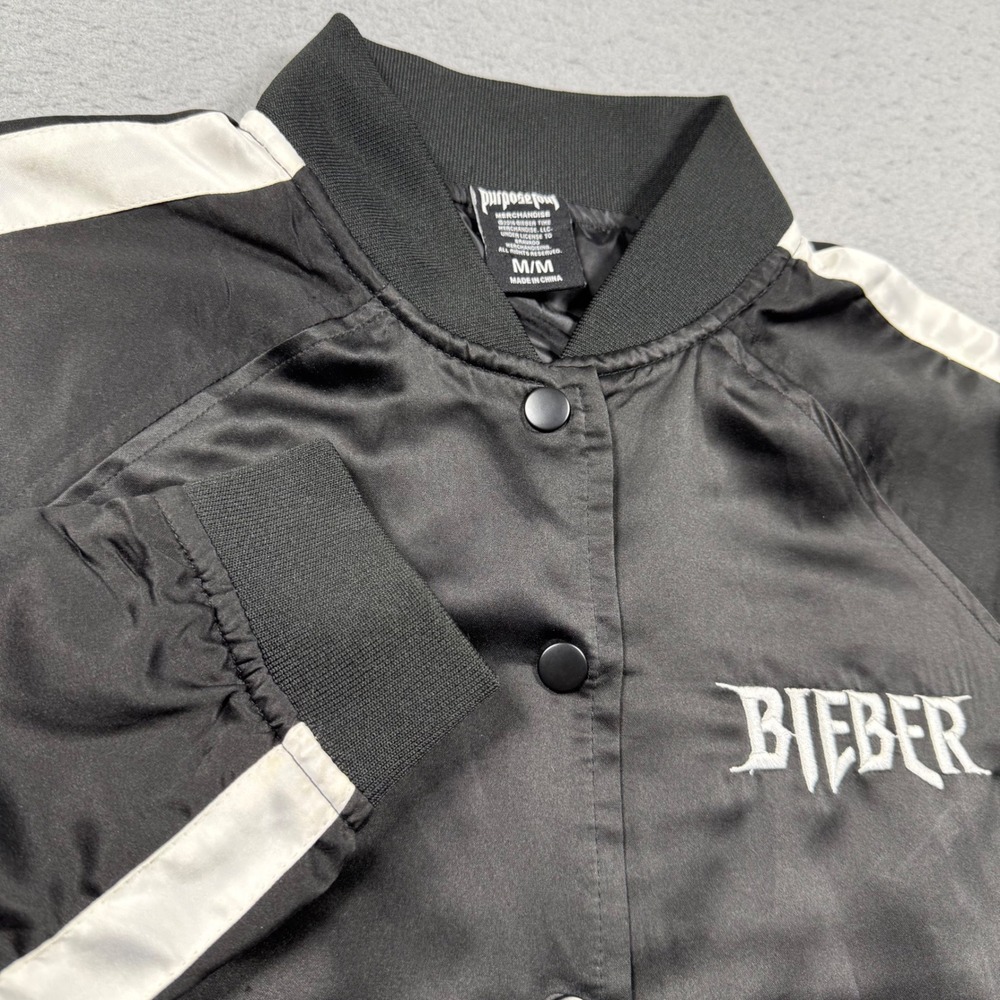 Justin Bieber Purpose Tour Black Satin Bomber Jacket White Logo Stripe Mens M